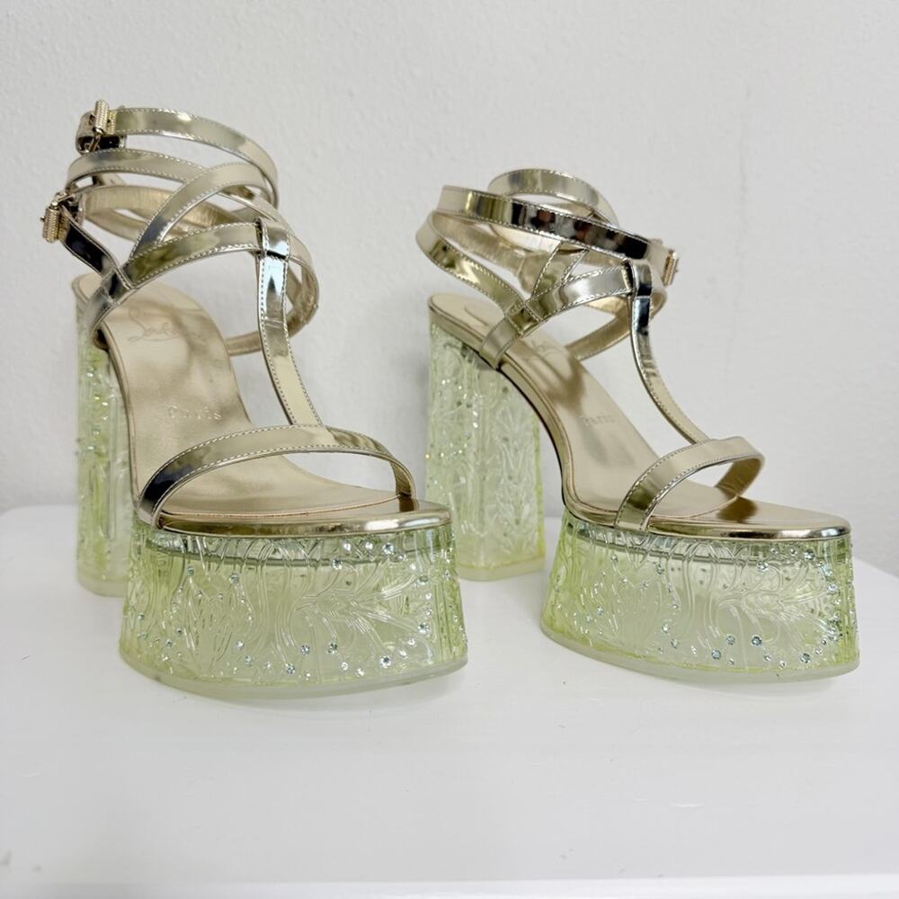 Christian Louboutin Yazefine Red Bottom Platform Metallic Sandals Gold Size 37 - Picture 9 of 12